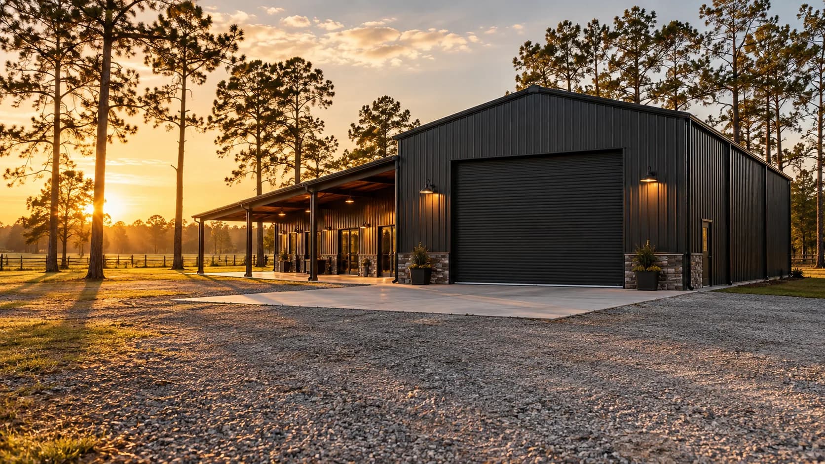 Black steel metal shop building with a roll-up door on rural Texas acreage at sunset